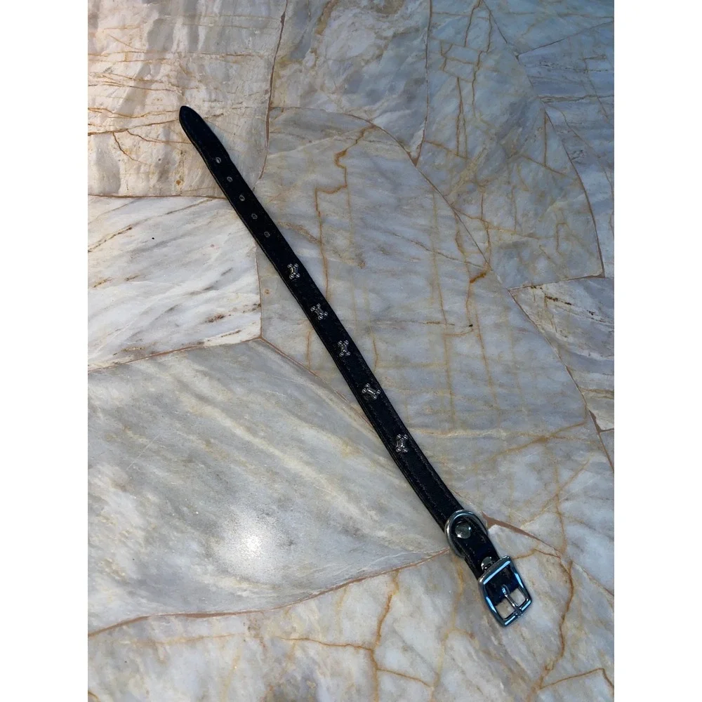 Black Faux Leather Pet Collar Silver Dog Bone Studded Adjustable Small 12 Inch